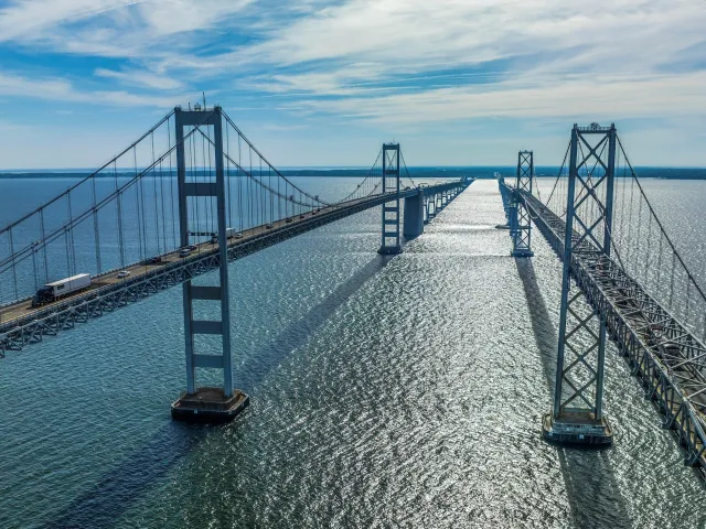 Both spans of the bridge stretching miles across the Chesapeake Bay
