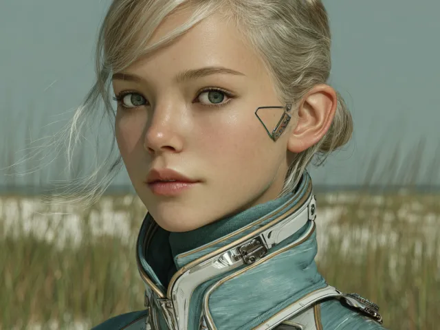 Tonia's avatar — a pale-blonde post-human explorer with a subtle temple implant, standing against an Eastern Shore marsh backdrop