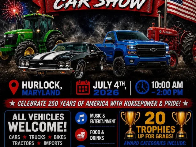 Flyer for America’s 250 Car Show in Hurlock, Maryland, scheduled for July 4, 2026.