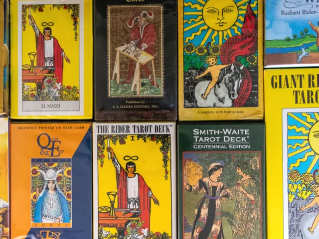 Display of tarot decks at Tammy's Cool Things in Trappe, Maryland, including Rider-Waite, Smith-Waite, and Radiant Rider-Waite editions arranged on a shelf.